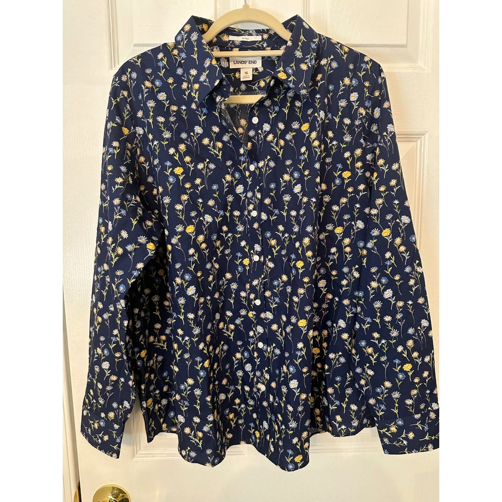 Lands End Womens 16 Navy Blue Daisy Floral No Iron Cotton Button Down Shirt